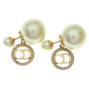 Dior Tribal CD Logo Rhinestone Round Pearl Earrings White Gold